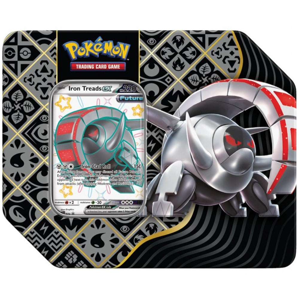 Front view of the Pokemon Trading Card Game Scarlet & Violet Paldean Fates US Style ex Tin featuring Iron Treads ex.