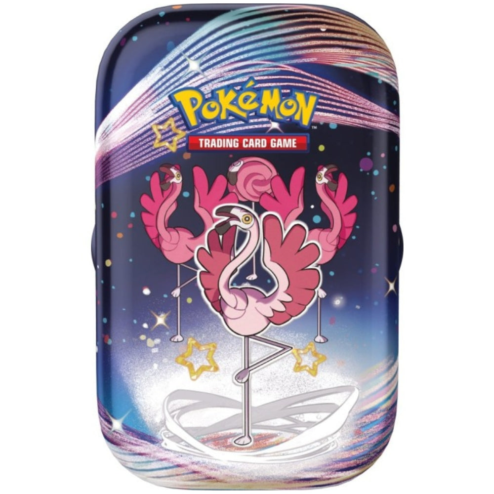 Front view of the Pokemon Trading Card Game Scarlet and Violet Paldean Fates Mini Tin Featuring Flamigo.