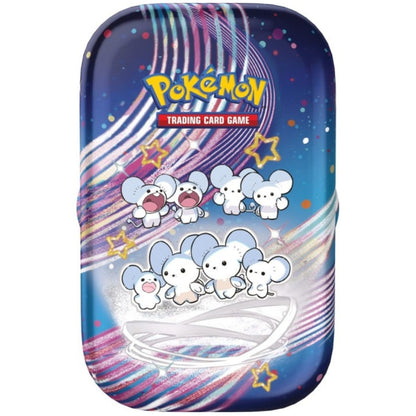 Front view of the Pokemon Trading Card Game Scarlet and Violet Paldean Fates Mini Tin Featuring Maushold.