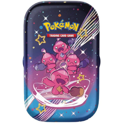 Front view of the Pokemon Trading Card Game Scarlet and Violet Paldean Fates Mini Tin Featuring Tinkatink.