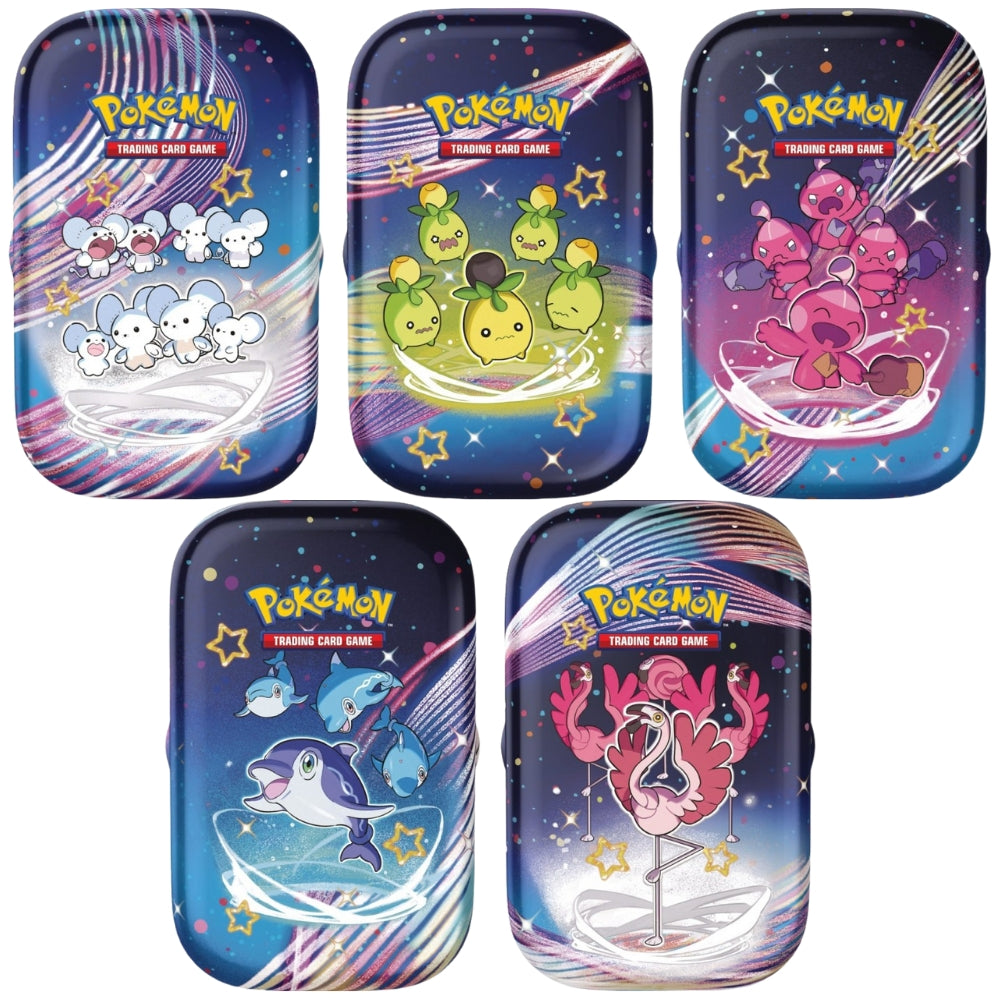 Front view of 5 Mini Tins contained within the Pokemon Trading Card Game Scarlet & Violet Paldean Fates Mini Tin Display Case. Tins Feature 5 Different Pokemon Characters including Maushold, Smoliv, Tinkatink, Finizen or Flamigo.