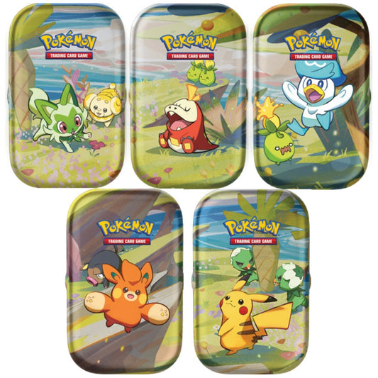 Front view of The Pokemon Trading Card Game Paldea Friends Mini Tins Set featuring five tins that all feature different Pokemon Artwork.