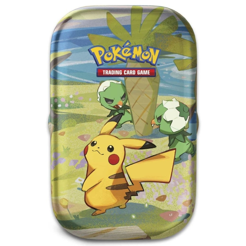 Front view of The Pokemon Trading Card Game Paldea Friends Mini Tin featuring Pikachu.