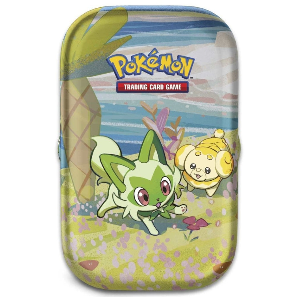 Front view of The Pokemon Trading Card Game Paldea Friends Mini Tin featuring Sprigatito.