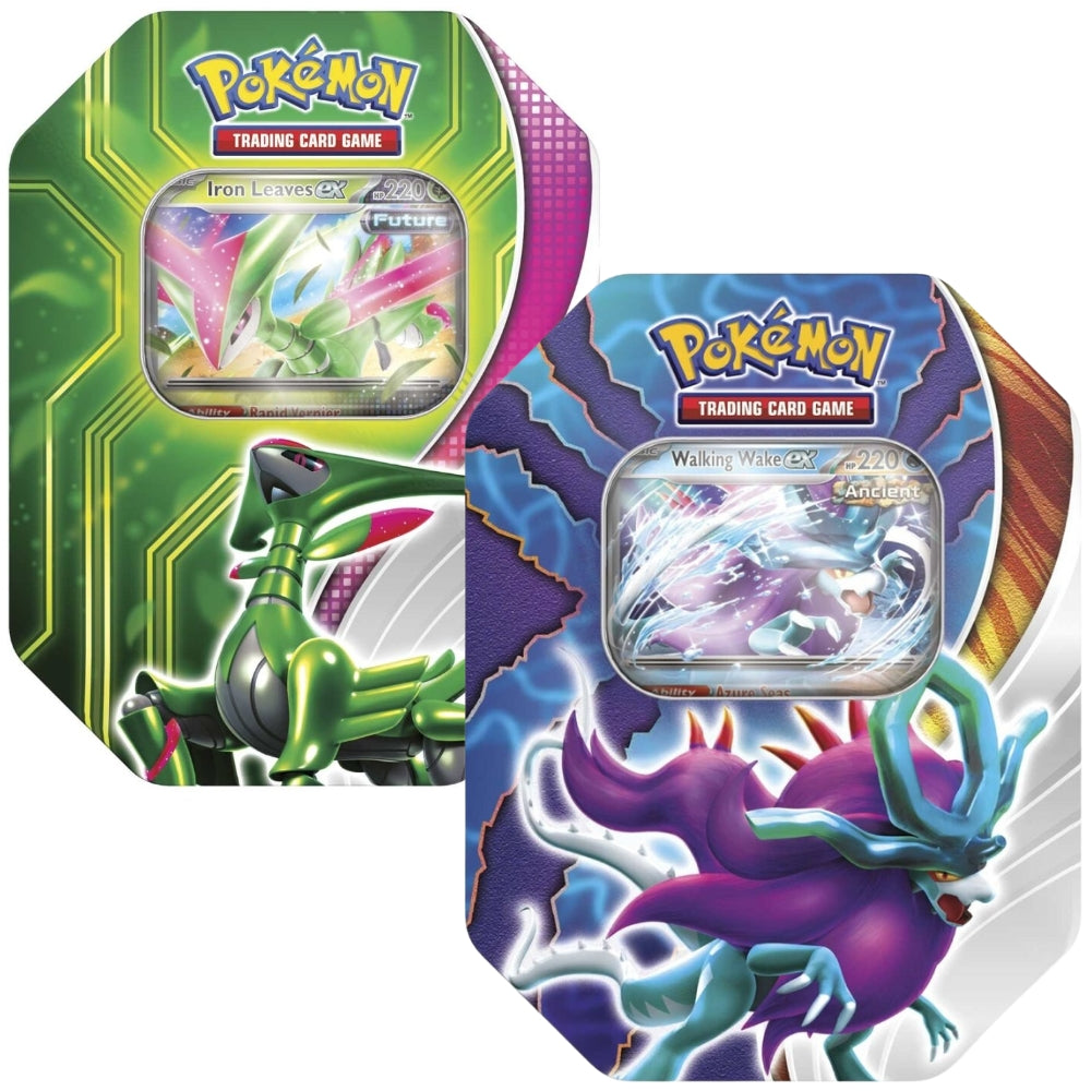 Front view of both Pokemon Trading Card Game Paradox Clash Tins featuring Iron Leaves ex and Walking Wake ex.