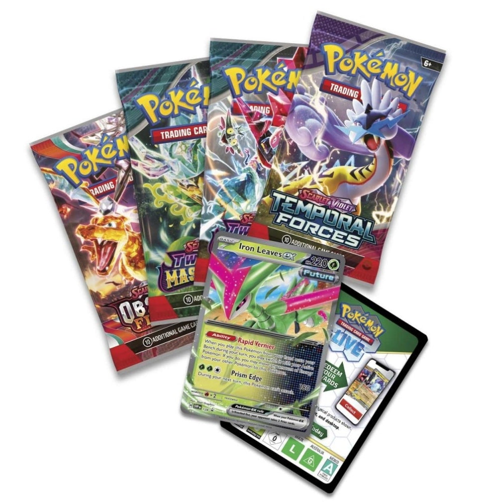 Pokemon Booster Packs contained in the Pokemon Trading Card Game Paradox Clash tin including Scarlet and Violet Obsidian Flames, Twilight Masquerade and Temporal Forces.