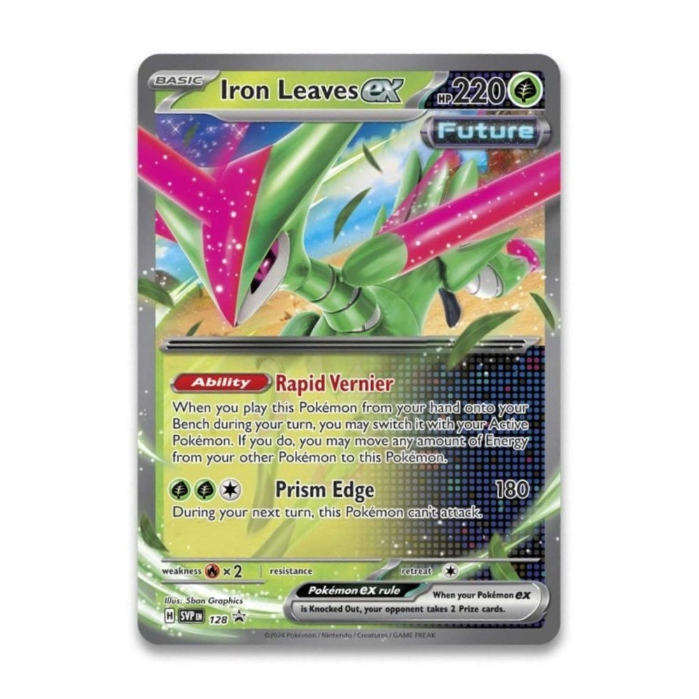 Pokemon Iron Leaves ex Black Star Promo card featured in the Pokemon Trading Card Game Paradox Clash tin.