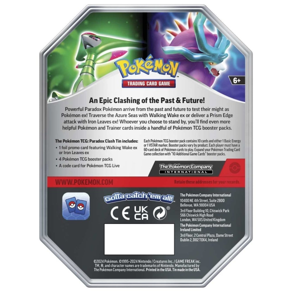 Rear view of the Pokemon Trading Card Game Paradox Clash Tin.