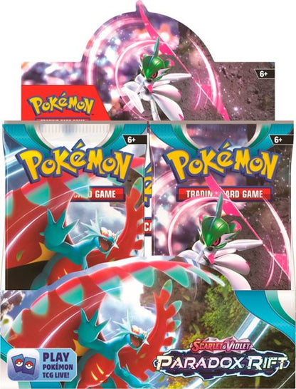 Front view of Pokemon Trading Card Game Scarlet and Violet Paradox Rift Booster Box. Pokemon TCG Scarlet and Violet Paradox Rift branding. Marley Collects branding.