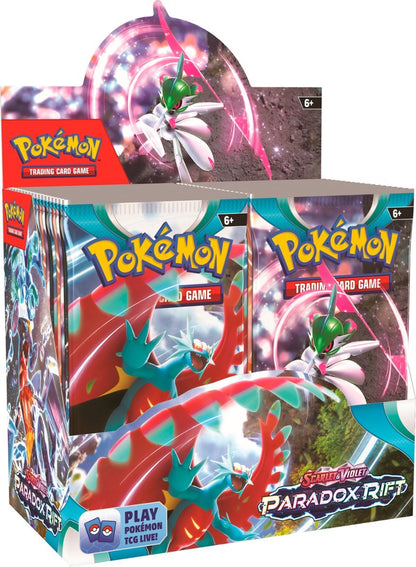 Front side view of Pokemon Trading Card Game Scarlet and Violet Paradox Rift Booster Box. Pokemon TCG Scarlet and Violet Paradox Rift branding. Marley Collects branding.