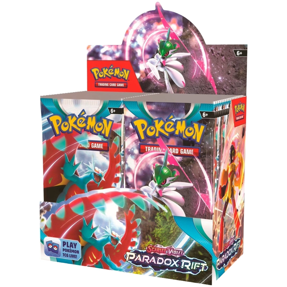 Front angled view of the Pokemon Trading Card Game Scarlet and Violet Paradox Rift Booster Box.