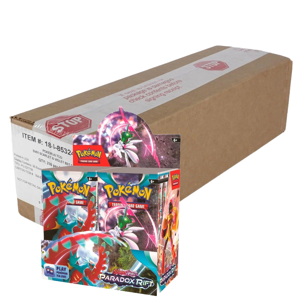 Front view of the Pokemon Trading Card Game Scarlet and Violet Paradox Rift Booster Box and Factory Sealed Case.