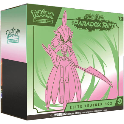 Front angled view of the Pokemon Trading Card Game Scarlet and Violet Paradox Rift Iron Valiant Elite Trainer Box.