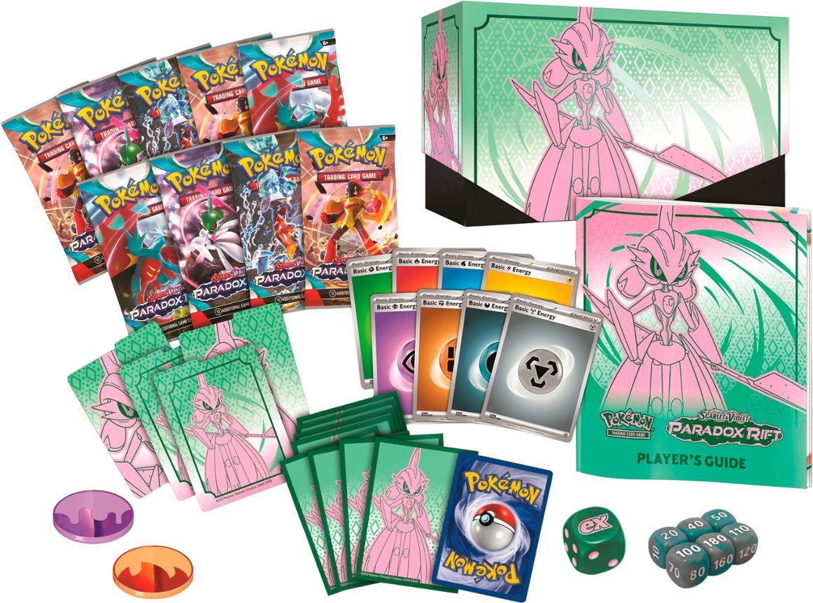 Contents of Pokemon Trading Card Game Scarlet and Violet Paradox Rift Iron Valiant Elite Trainer Box.