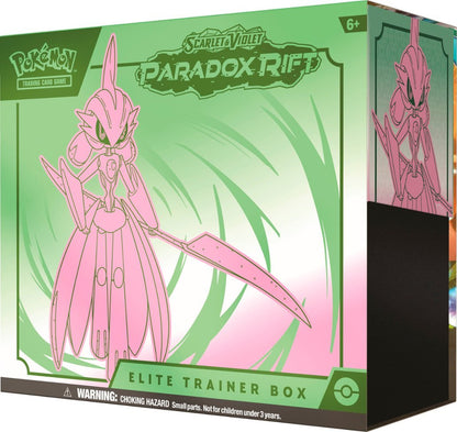 Front side angled view of the Pokemon Trading Card Game Scarlet and Violet Paradox Rift Iron Valiant Elite Trainer Box.