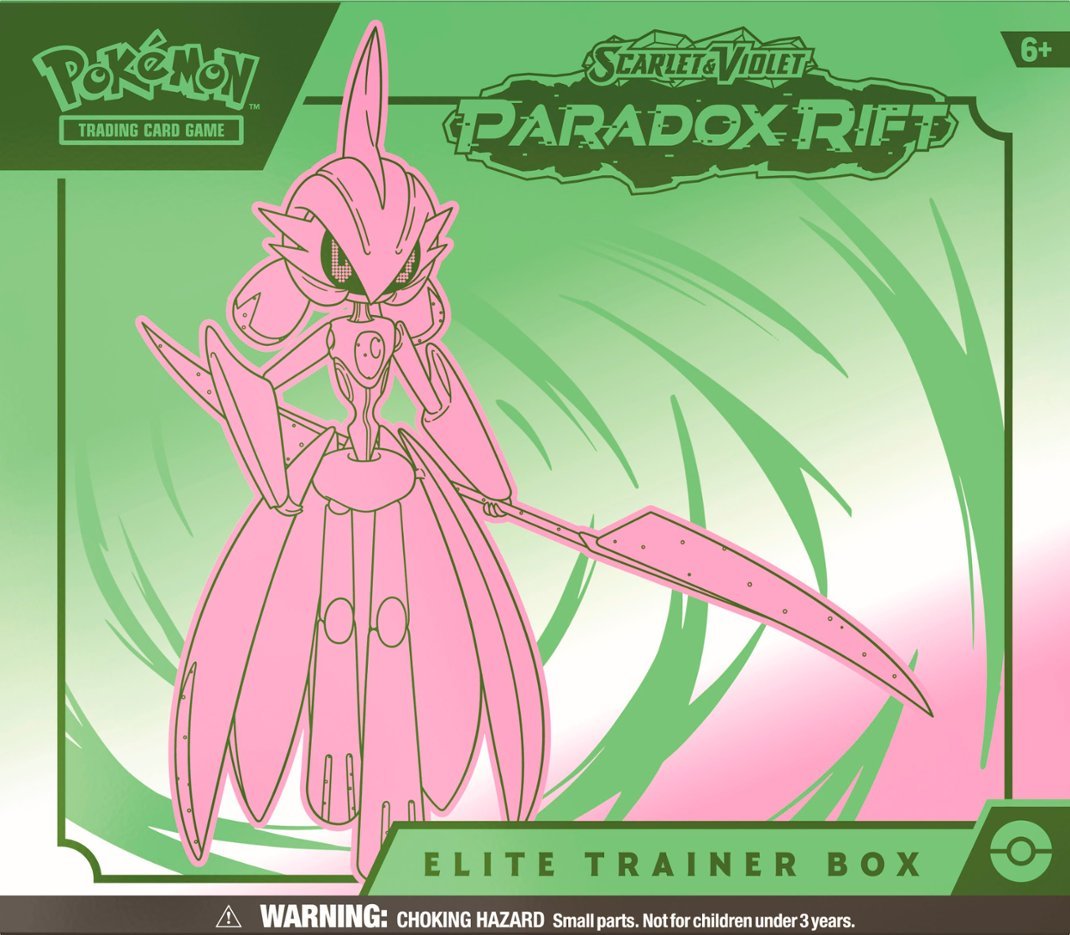 Front view of the Pokemon Trading Card Game Scarlet and Violet Paradox Rift Iron Valiant Elite Trainer Box.