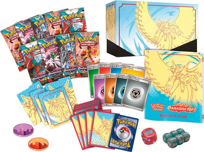 Contents of Pokemon Trading Card Game Scarlet and Violet Paradox Rift Roaring Moon Elite Trainer Box.