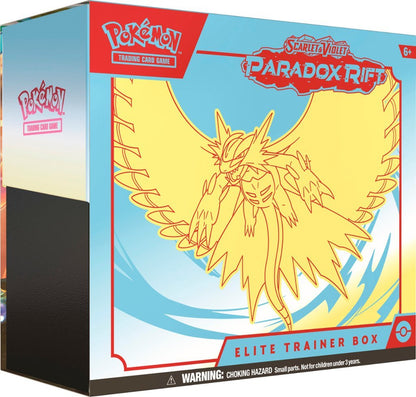 Front angled view of the Pokemon Trading Card Game Scarlet and Violet Paradox Rift Roaring Moon Elite Trainer Box.