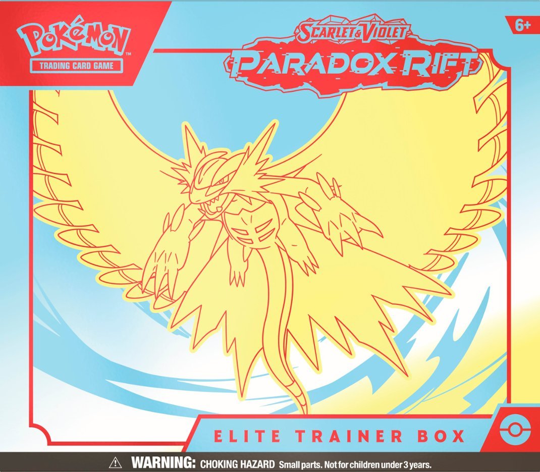 Front view of the Pokemon Trading Card Game Scarlet and Violet Paradox Rift Roaring Moon Elite Trainer Box.