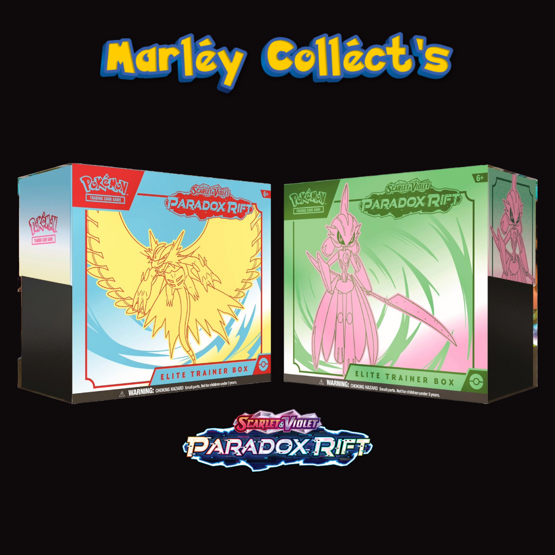 Pokemon Trading Card Game Scarlet and Violet Paradox Rift Roaring Moon and Iron Valiant Elite Trainer Box. Pokemon Scarlet and Violet Paradox Rift Branding. Marley Collects Branding.