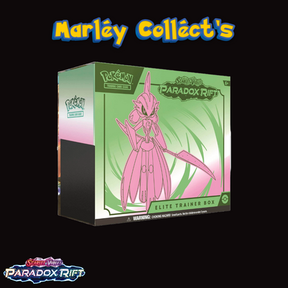 Pokemon Trading Card Game Scarlet and Violet Paradox Rift Iron Valiant Elite Trainer Box. Pokemon Scarlet and Violet Paradox Rift Branding. Marley Collects Branding.