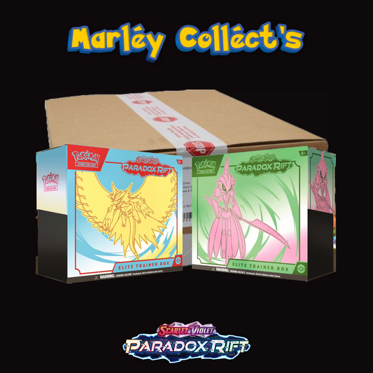 Pokemon Trading Card Game Scarlet and Violet Paradox Rift Roaring Moon and Iron Valiant Elite Trainer Box Factory Sealed Case. Pokemon Scarlet and Violet Paradox Rift Branding. Marley Collects Branding.