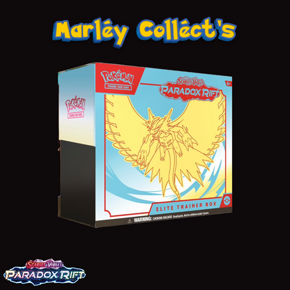 Pokemon Trading Card Game Scarlet and Violet Paradox Rift Roaring Moon Elite Trainer Box. Pokemon Scarlet and Violet Paradox Rift Branding. Marley Collects Branding.