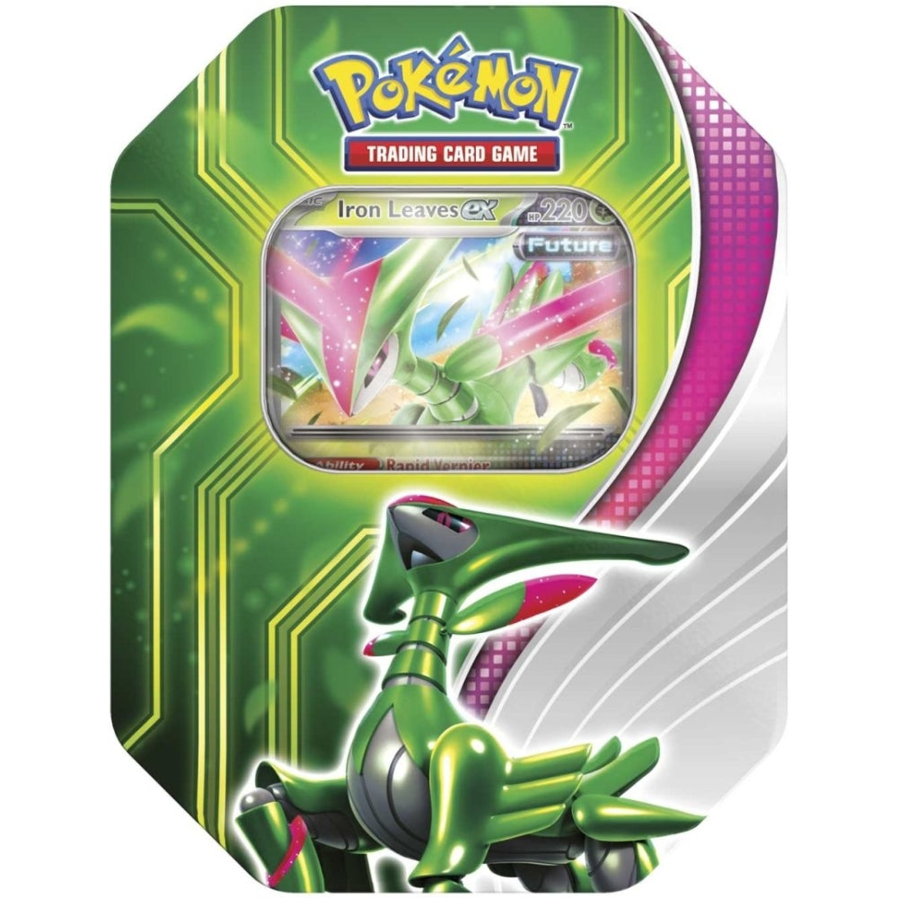 Front view of the Pokemon Trading Card Game paradox Clash Tin featuring Iron Leaves ex.