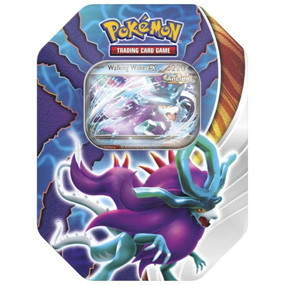 Front view of the Pokemon Trading Card Game paradox Clash Tin featuring Walking Wake ex.