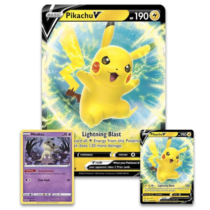 Front view of the Promo cards contained with the Pokemon trading card game Pikachu V Box, Including Jumbo Pikachu V card, Standard size Pikachu V card and standard size Mimikyu Holo card.