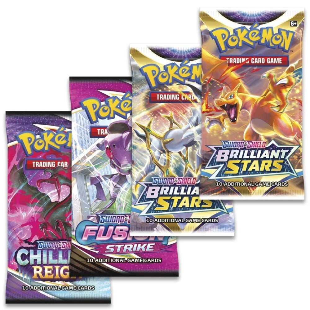 Pokemon Trading Card Game Booster Packs Including two Sword & Shield Brilliant Stars, one Sword & Shield Fusion Strike and one Chilling Reign Booster Packs.