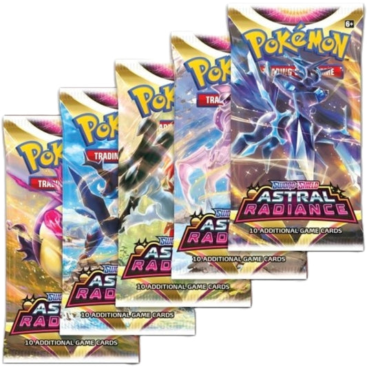 Pokemon Trading Card Game Sword and Shield Astral Radiance Booster Packs, image shows five booster packs all featuring a different style of artwork. Pokemon Astral Radiance branding.