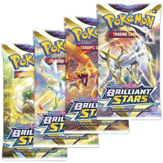 Pokemon Trading Card Game Sword and Shield Brilliant Stars Booster Packs, image shows four booster packs all featuring different styles of artwork. Pokemon Brilliant Stars branding.