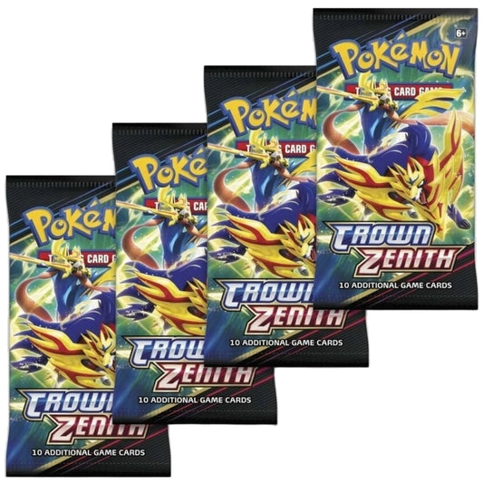 Four Pokemon Trading Card Game Sword and Shield Crown Zenith Booster Packs. Pokemon Crown Zenith branding.