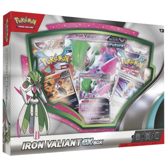 Front angled view of The Pokemon Trading Card Game Iron Valiant ex box.