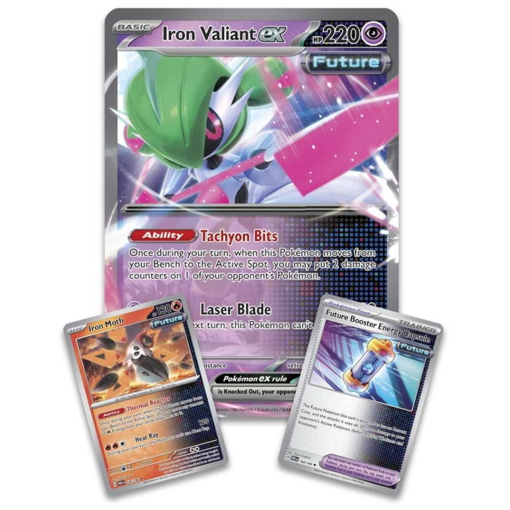 Contents of The Pokemon Trading Card Game Iron Valiant ex box including an Iron Valiant ex Jumbo Pokemon Card , Iron Moth Pokemon Card and Future Booster Energy Capsule Trainer Card.
