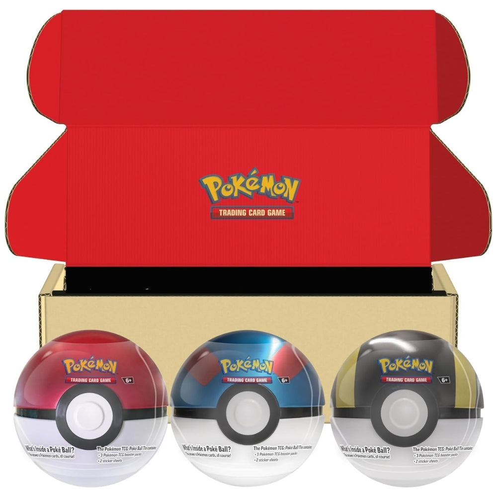 Front view of The Pokemon Trading Card Game Series 9 Poke Ball Tin Bundle featuring a Poke Ball Tin, Great Ball Tin and Ultra Ball tin.