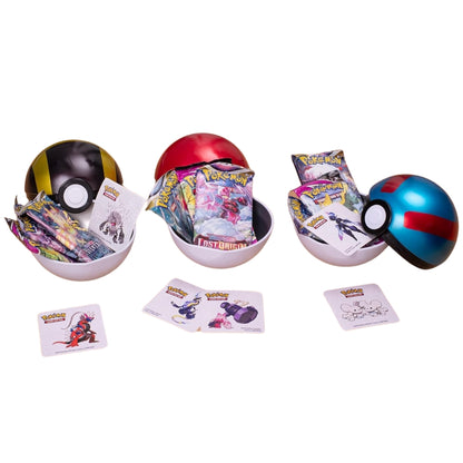 View of The Pokemon Trading Card Game Series 9 Poke Ball Tin Bundle featuring a Poke Ball Tin, Great Ball Tin and Ultra Ball tin. Tins are open showing contents including Sword and Shield Booster Packs.