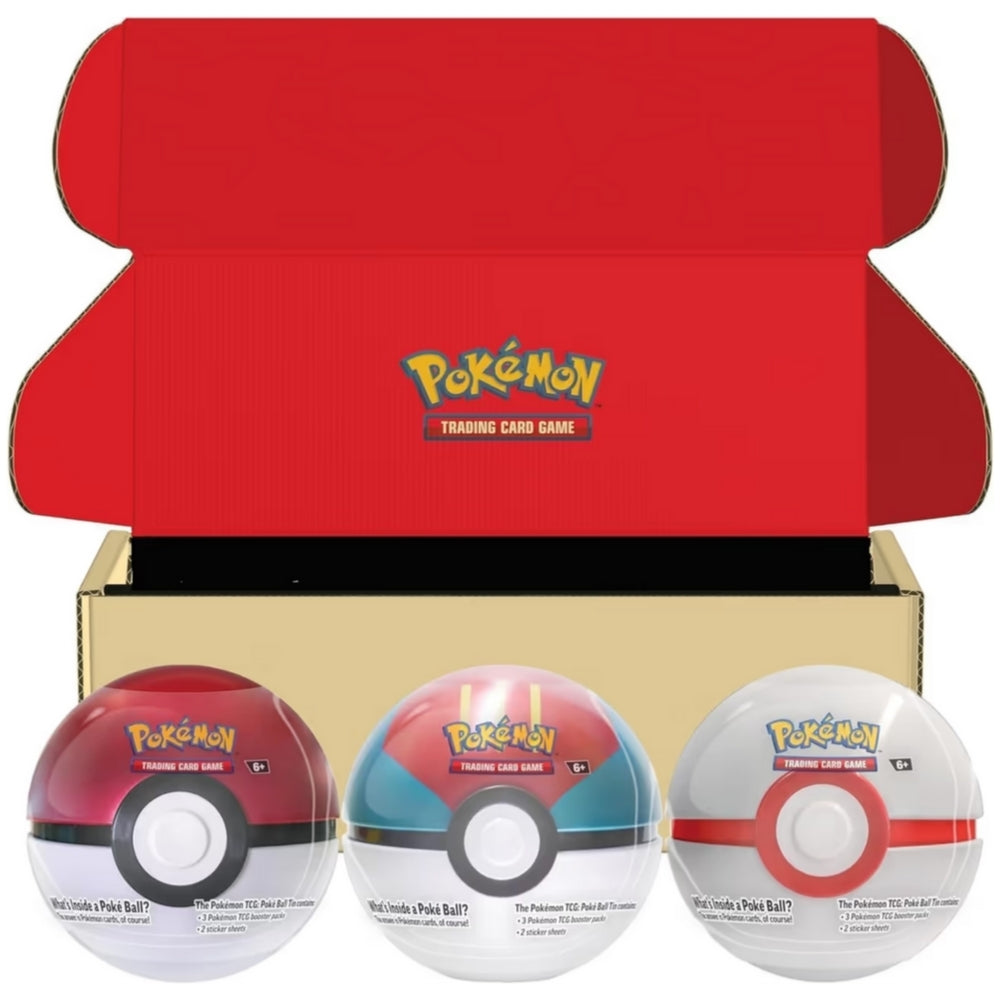 Front view of The Pokemon Trading Card Game Series 9 Poke Ball Tin Bundle featuring the Poke Ball Tin, The Lure Ball Tin and The Premier Ball Tin.