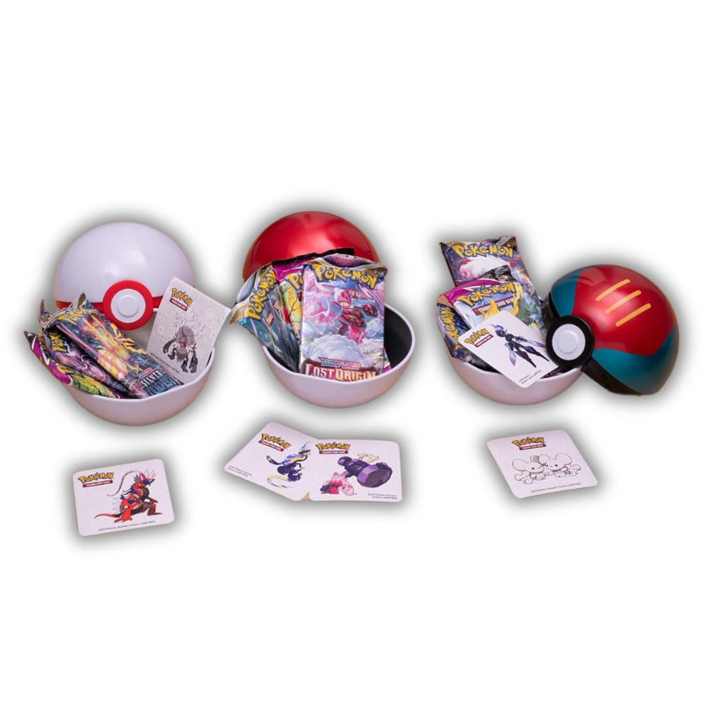 Front view of The Pokemon Trading Card Game Series 9 Poke Ball Tin Bundle Contents featuring the Poke Ball Tin, The Lure Ball Tin and The Premier Ball Tin, Pokemon Sword and Shield Booster Packs and stickers.