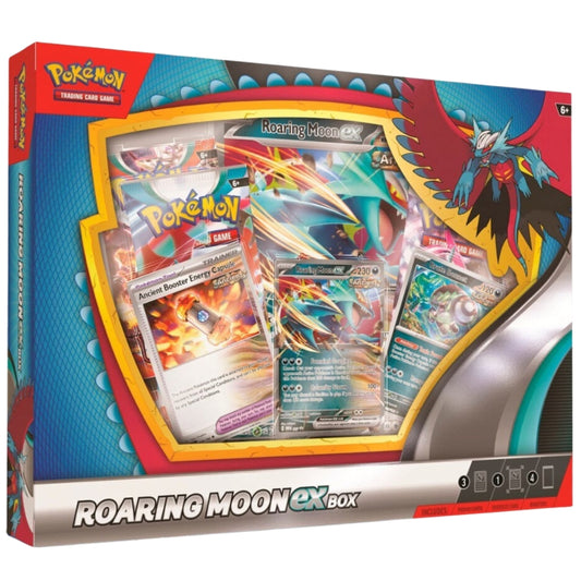 Front angled view of the Pokemon Trading Card Game Scarlet and Violet Roaring Moon ex Box.