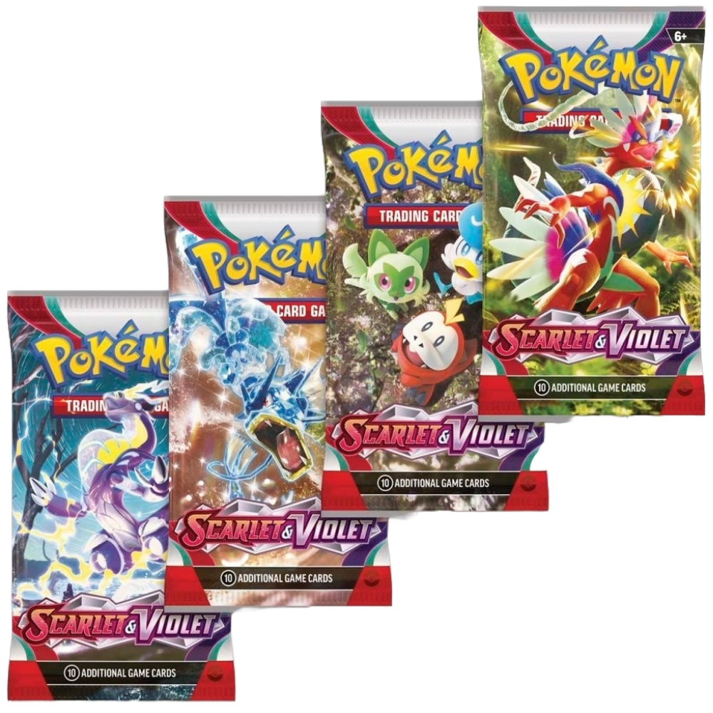Pokemon Trading Card Game Scarlet and Violet Base Set Booster packs, image shows four booster packs, all featuring different artwork. Pokemon Scarlet & Violet branding.