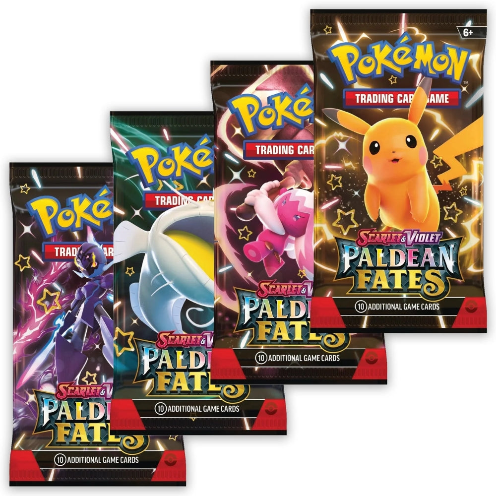 Pokémon Trading Card Game Scarlet and Violet Paldean Fates Booster Pack Art Set showing four Booster Packs.