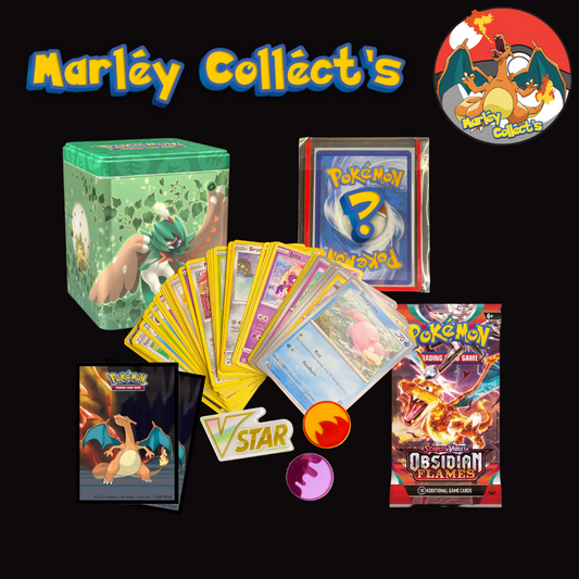 Marley Collects Pokemon Card Tin Bundle Including 50 Cards, Mystery Rare Card, Tin, Booster Pack, Pokemon Card Sleeves, VSTAR Marker and Damage Counters. Marley Collects branding.