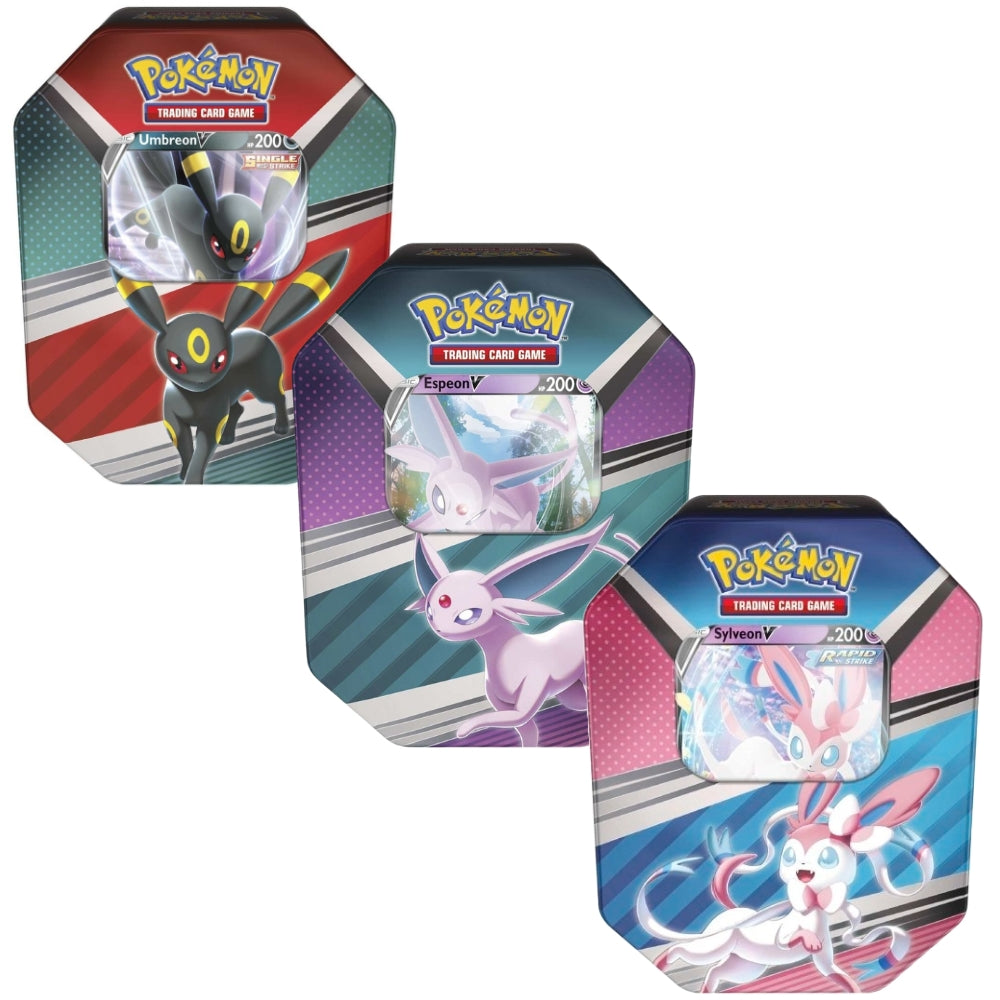Front View of The Pokemon Trading Card Game V Heroes Tins featuring all the Tins Including Umbreon V, Espeon V and Sylveon V.
