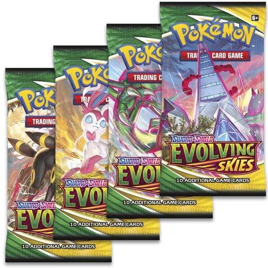 Pokemon Trading Card Game Sword and Shield Evolving Skies Booster packs, image shows Four Booster Packs all featuring different artwork, Pokemon Evolving Skies branding.