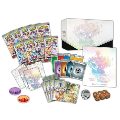 View of the contents of The Pokemon Trading Card Game Scarlet and Violet Prismatic Evolutions featuring Eevee Black Star Promo Card, Prismatic Evolutions Booster Packs, Dividers and Players Guide.