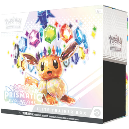 Front angled view of The Pokemon Trading Card Game Scarlet and Violet Prismatic Evolutions featuring Eevee.