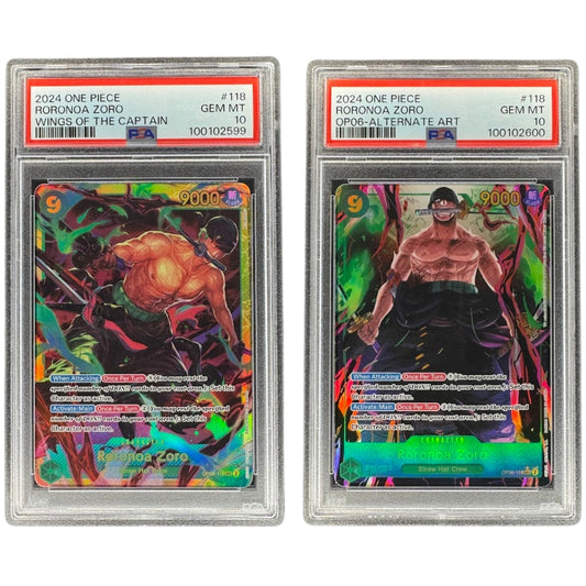 Roronoa Zoro OP06-118 and OP06-118 SEC Alt Art PSA 10 Sequential Set One Piece OP06 Wings Of The Captain Graded Card