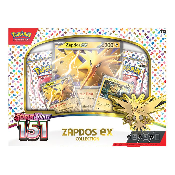 Front view of the Pokémon TCG Scarlet & Violet 151 Zapdos ex Collection.